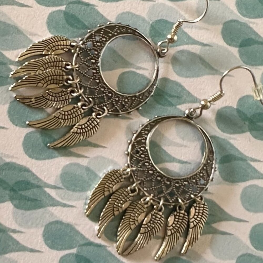 NEW Handmade- Feathered Hoop - Dangle Earrings in Antique Silver Tones
